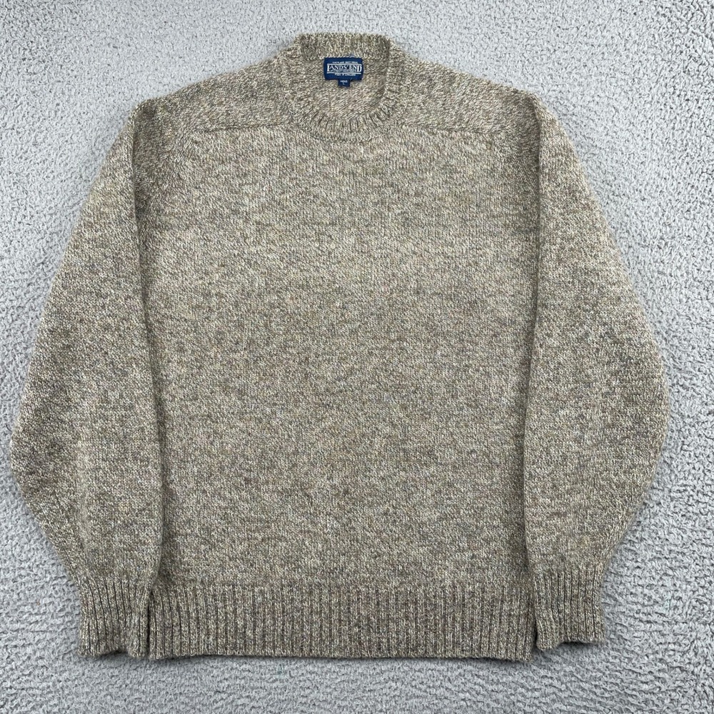 Lands End Sweater Mens L Brown Shetland Wool Crewneck Made in England Marl Knit